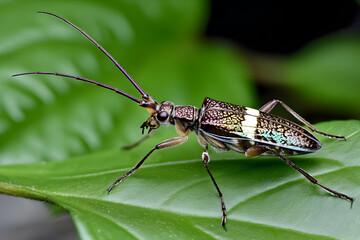 Longhorn beetle resting on a green leaf, showcasing intricate body details and colors