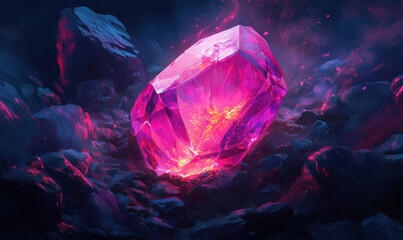 Glowing pink crystal surrounded by dark rocks and mystical energy.