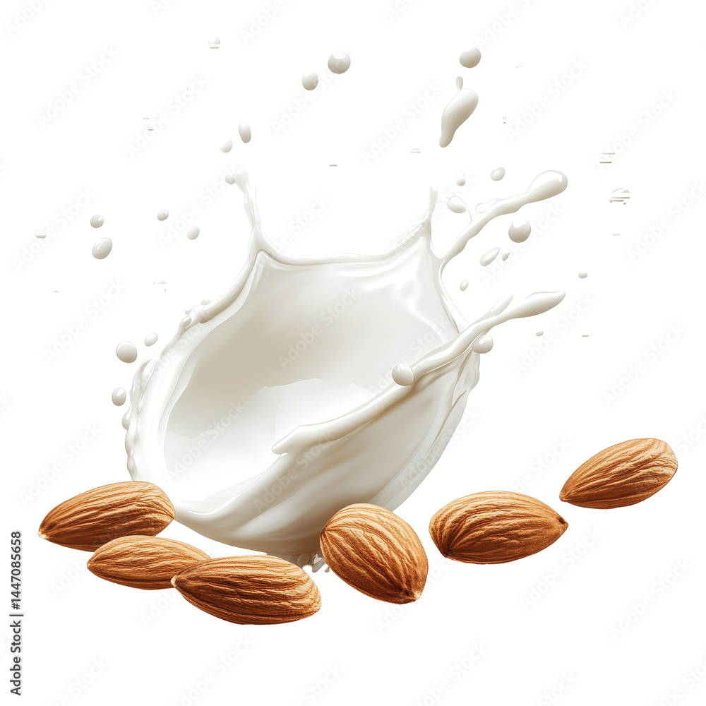 Aufkleber milk splash with almonds creating dynamic visual on transparent background, milk splash with almonds