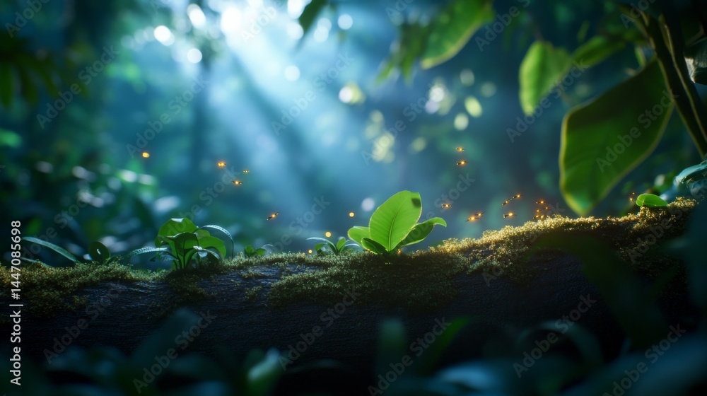 Poster in a vibrant forest, ethereal light shines through the canopy, revealing fireflies dancing around a 
