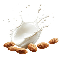 Milk splash with almonds creating dynamic visual on Transparent background, Milk splash with almonds isolated on PNG background