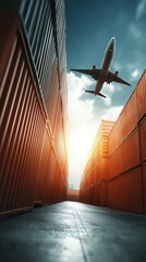 An airplane flies over tall stacked shipping containers at sunset, symbolizing global logistics and fast cargo transport.