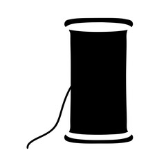 A simple black silhouette of a thread spool with trailing thread