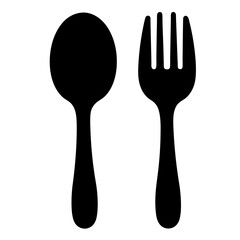 Black silhouette illustration of spoon and fork on white background graphic design
