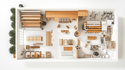 Layout of a modern woodworking workshop showcasing tools and equipment in an organized space