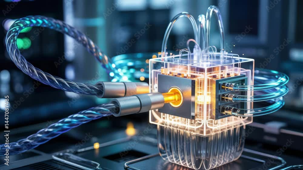 Poster agentic ai concept technology with futuristic transparent quantum computer and glowing cable connect