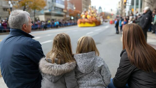 A joyful family sits together, watching a vibrant parade with colorful floats and festive atmosphere, creating cherished memories during a special day in town.