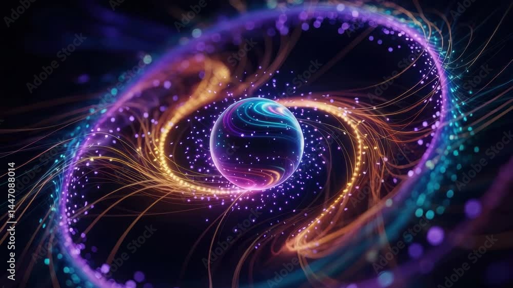 Poster agentic ai concept with glowing sphere and swirling light trails creating dynamic futuristic energy 