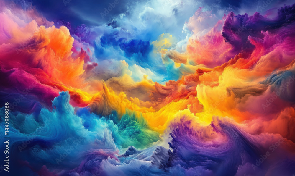 Poster vibrant abstract cloudscape with swirling colors and dynamic textures.
