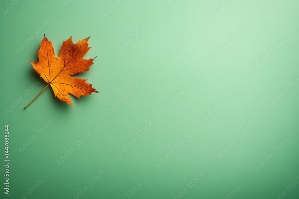 Leinwandbilder Single maple leaf displaying vibrant hues of orange and yellow is highlighted on a soft pastel green surface, creating an appealing contrast and depth
