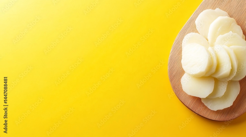 Poster a clean wooden cutting board displays sliced white onion on a vibrant yellow background, perfect for