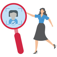 KYC or know your customer , Businesswoman with a shield looking at the partners-to-be through a magnifying glass