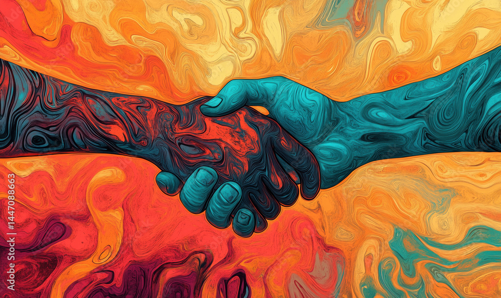 Poster colorful abstract handshake symbolizing unity and collaboration between diverse individuals.