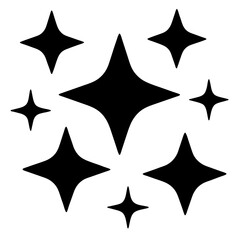 A cluster of eight simple black star shapes on a white background