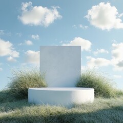 Empty white pedestal podium in a grassy field under a partly cloudy sky