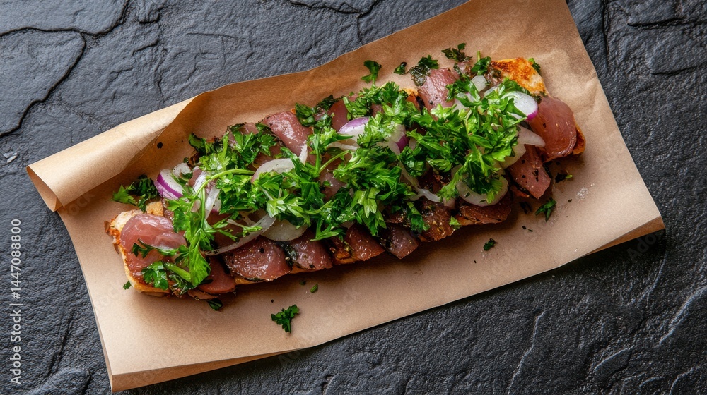 Aufkleber open-faced sandwich displays herring garnished with onions and fresh herbs on rustic paper. textured