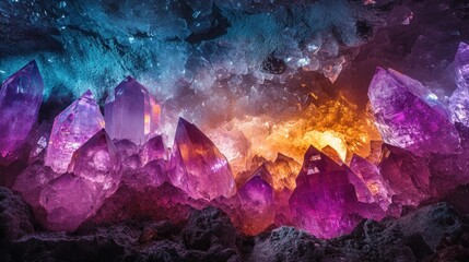Fototapeta premium Amethyst Geode Cave: A Symphony of Purple, Pink, and Orange Crystals