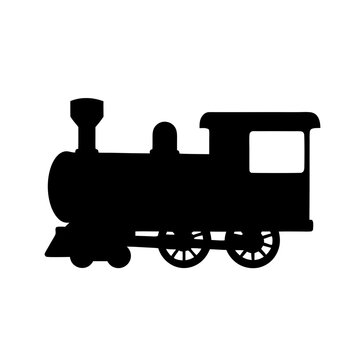 Black silhouette of a vintage steam train engine on white background
