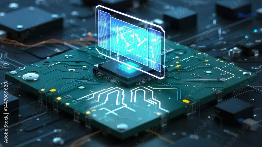 Poster agentic ai concept technology with futuristic digital interface circuit board glowing purple light a
