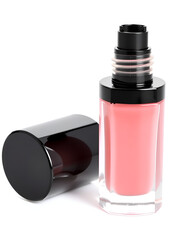 Obraz premium Lip gloss in elegant glass bottle with black lid, closed and open container with brush, isolated on white background. Liquid lipstick.