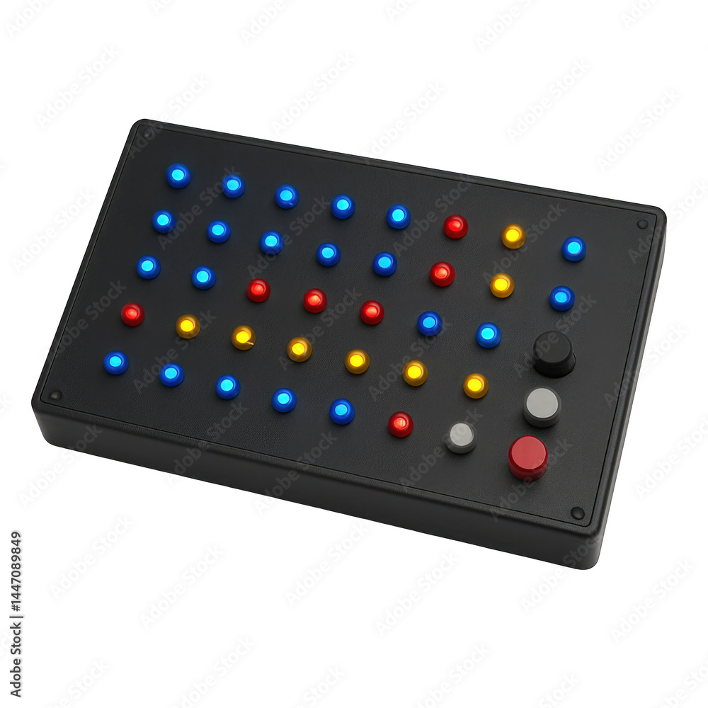 Poster a captivating electronic panel featuring a dynamic grid of colorful illuminated lights and distinct 
