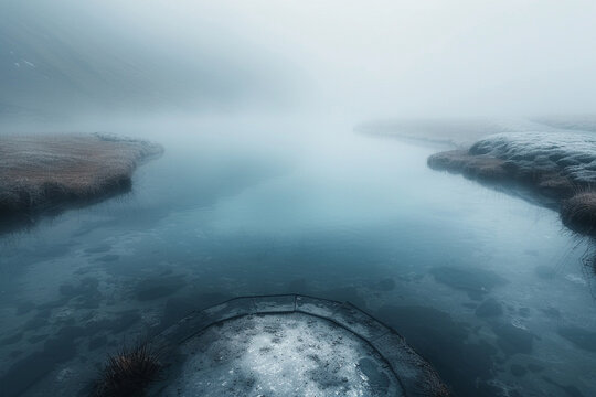 Mysterious lagoon with captivating beauty, eerie reflections, fog covered landscape, and a thrilling supernatural atmosphere create an enchanting and intriguing setting    