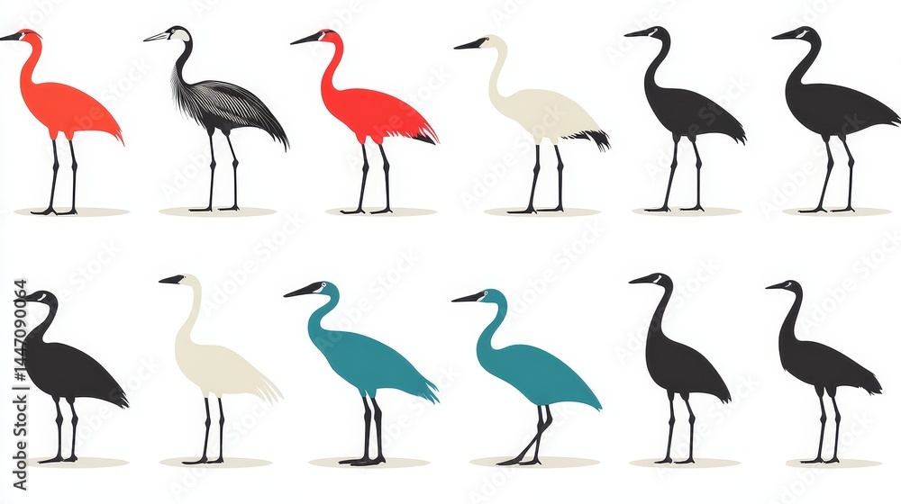 Poster collection of stylized herons in varied colors presented as a tiled arrangement for diverse creative