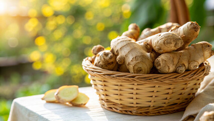 Gingers in basket on table in garden in natural sunny day background, Ginger in wicker basket on table