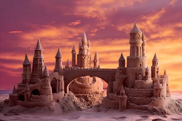 A surreal sandcastle city features intricate towers at sunset on the beach.