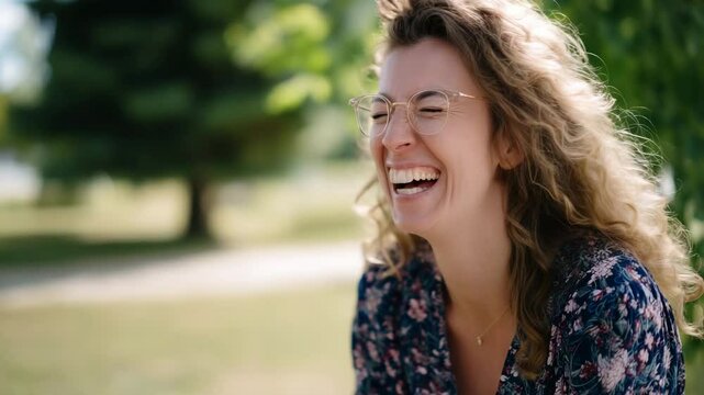 A woman with curly hair and glasses bursts into laughter in a serene outdoor setting, showcasing pure happiness and the beauty of nature, evoking feelings of joy and peace.