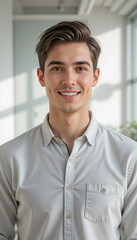Young Asian man with a friendly smile stands in a modern office space, radiating positivity and professionalism during a sunny day