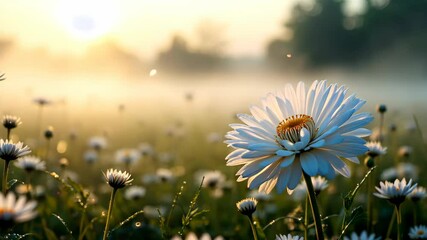 White chrysanthemum flowers in Misty Sunrise Field Slow Motion - Powered by Adobe