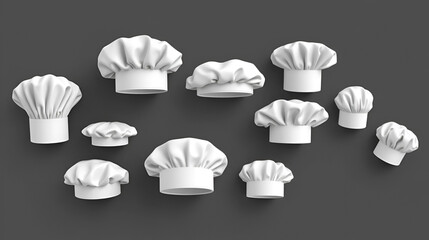 Chef hats, cook caps and baker toques realistic mockup. White restaurant uniform headwear, professional small, medium and tall french style clothing of kitchen staff, 3d vector illustration
