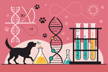 A futuristic, sterile lab showcasing experimental gene editing technology applied to companion animals; glowing vials, advanced equipment, and a scientist working meticulously.