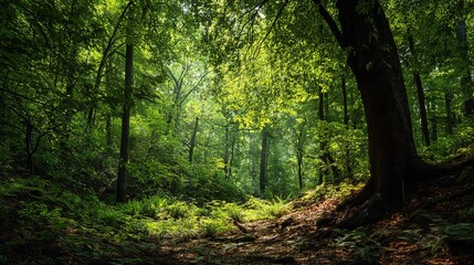 Obraz premium Lush Green Forest with Sunlight Filtering Through Leaves and Trees