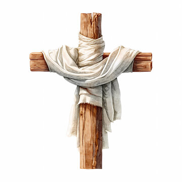 Watercolor wooden cross with white linen cloth wrapped around it, isolated on a solid background color, ultra-detailed and hyper-realistic