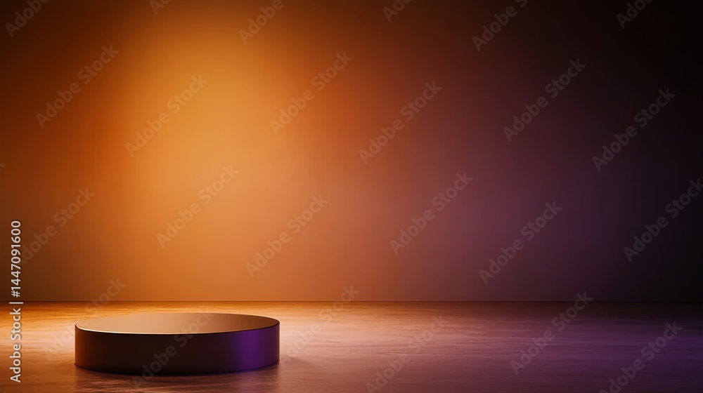 Poster frontal close-up view of a smooth-edged purple podium under soft spotlight, set against a minimalist