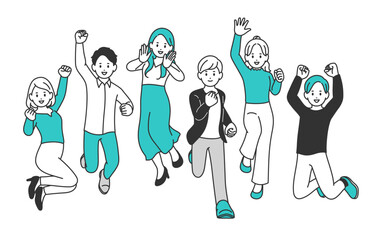 ジャンプする若い男女の全身セット【人物ベクターイラスト素材】