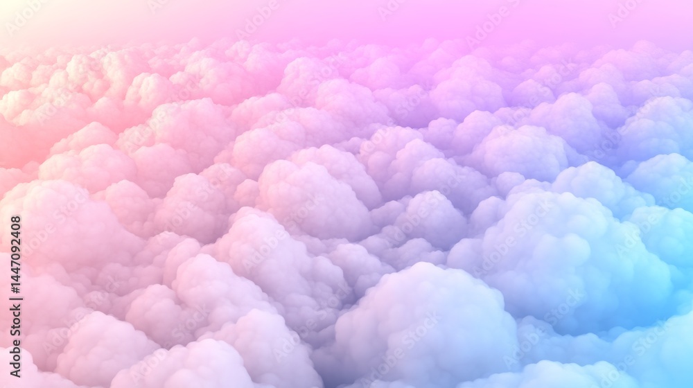 Poster pastel-colored clouds blend into a soft pink and blue gradient, evoking tranquility and dreaminess, 