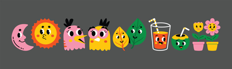 A delightful collection of cute cartoon characters, including a smiling moon, cheerful sun, playful birds, vibrant leaves, refreshing juice, happy coconut, and lovely flowers.