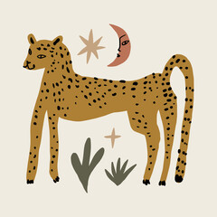 Boho groovy leopard or cheetah wild cat illustration in abstract cartoon childish scandinavian style african oriental style, cute animal hand drawn flat vector clip-art adorable funny exotic animals