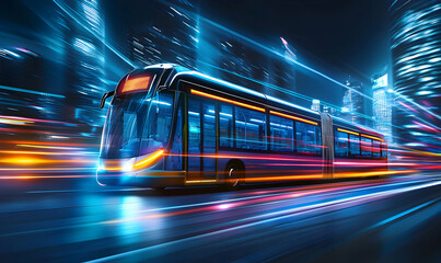 Futuristic bus speeds through a blue-lit city, motion blur streaking behind. Sleek design and urban scene