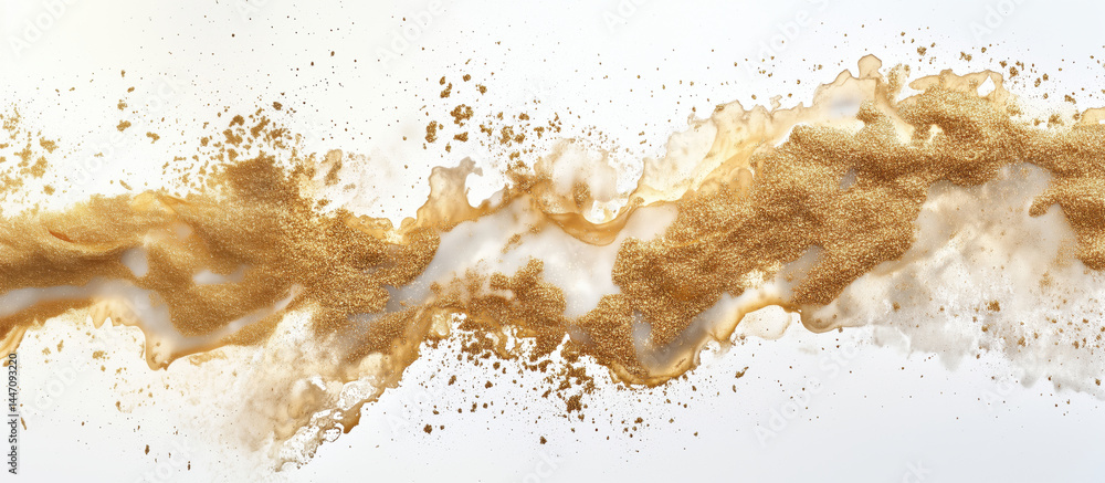 Aufkleber gold liquid splash with glittering particles creating an elegant abstract background.