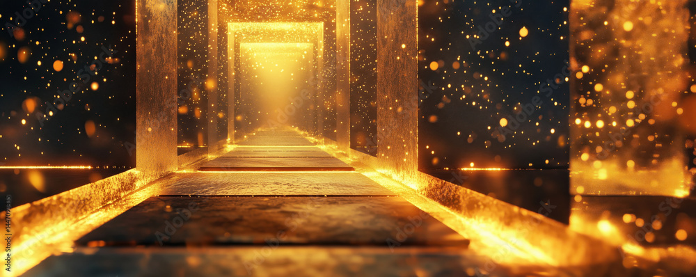 Poster golden pathway illuminated by sparkling lights in a mystical environment.