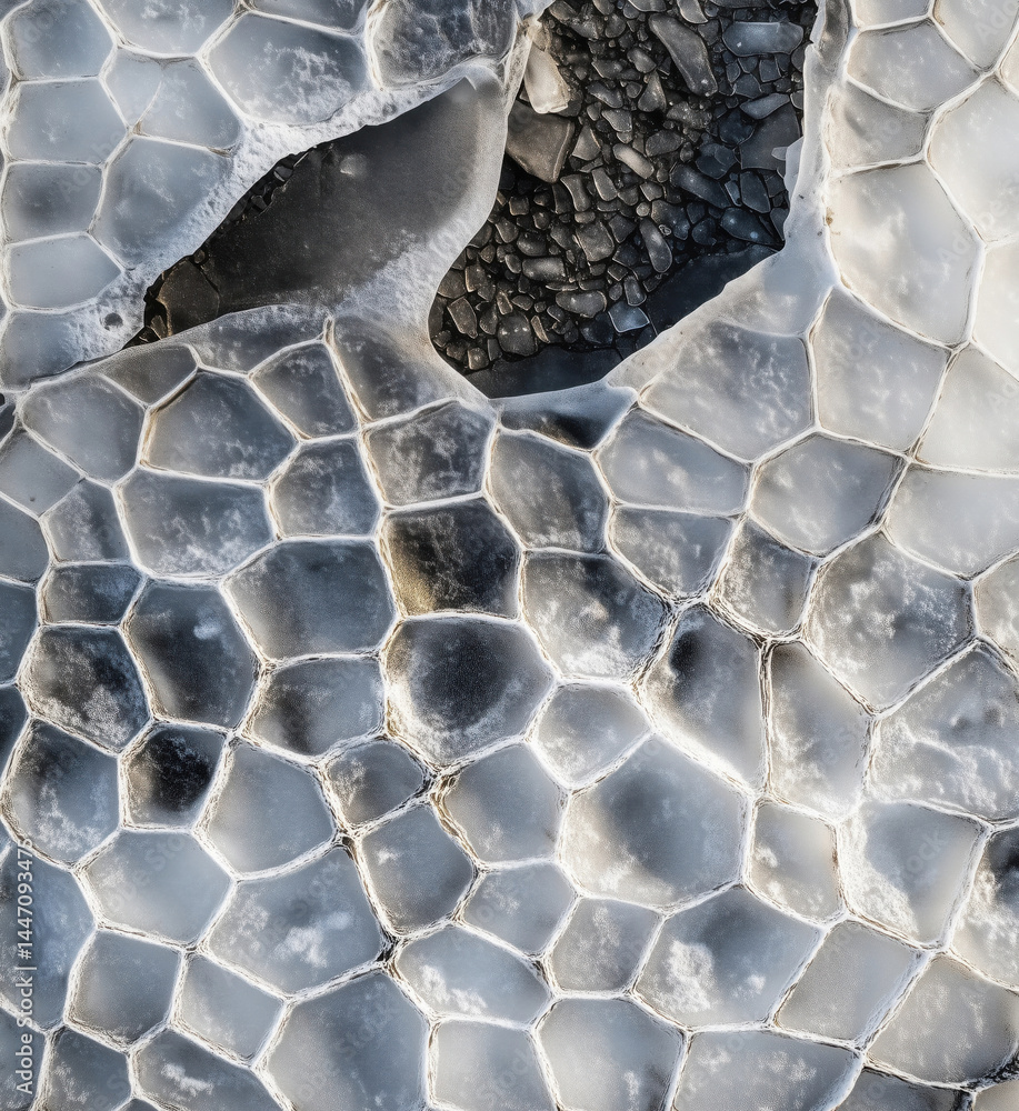 Poster intricate patterns of ice and stone on a frozen surface showcasing natural textures.