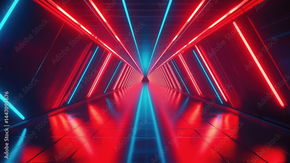 Poster futuristic neon tunnel with vibrant red and blue lights creating a dynamic atmosphere.