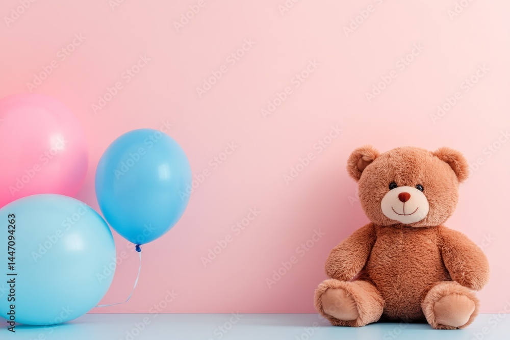 Poster a charming teddy bear with a smiling face holds a blue balloon, surrounded by soft pastel colors per
