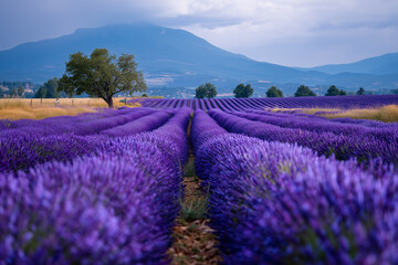 lavender field with tree with cloudy sky