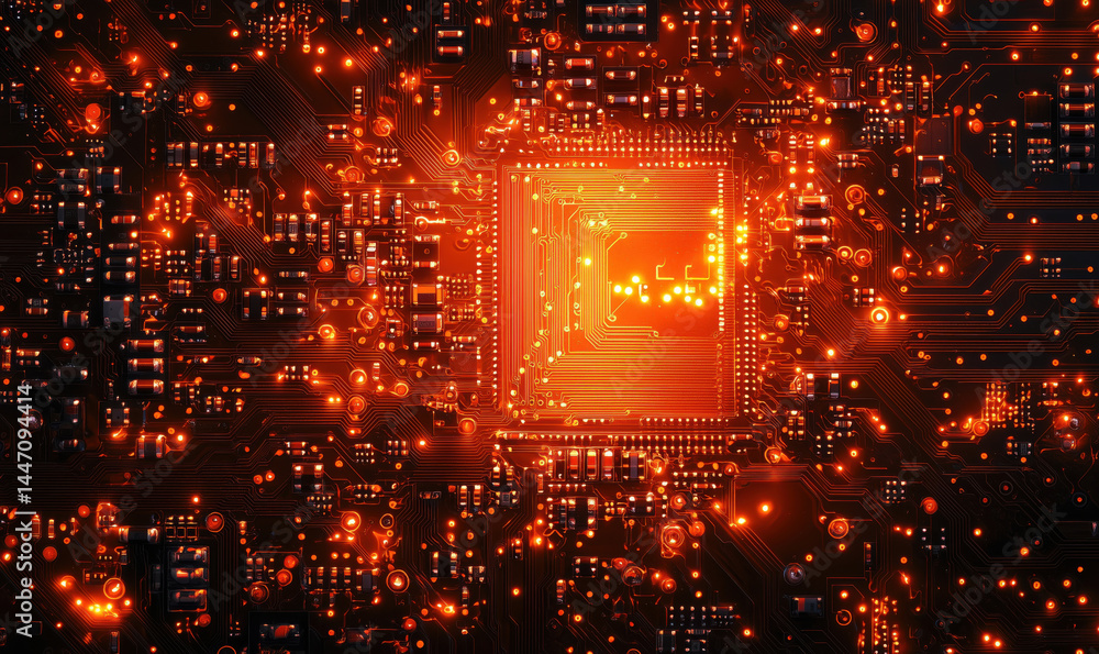 Poster glowing orange circuit board with intricate patterns and a central processor chip.