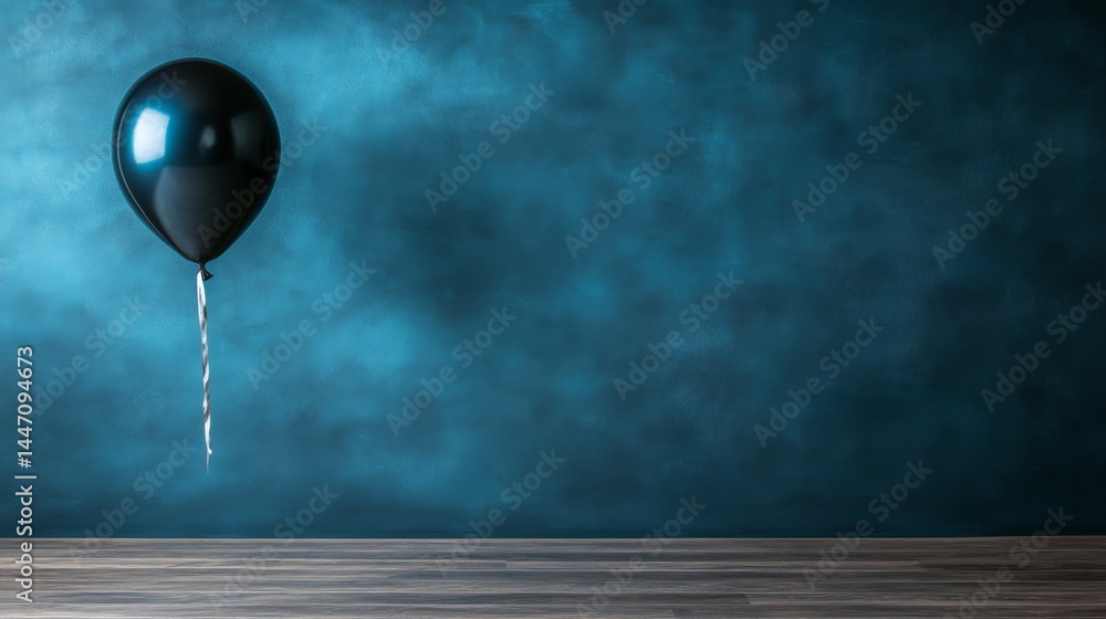 Poster a single metallic balloon in silver and black floats on a gradient backdrop, tied with a ribbon, lea